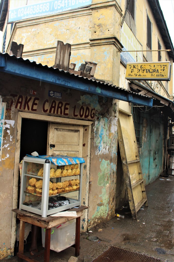 The Take Care Lodge in old Accra on the outskirts of Makola Market. 