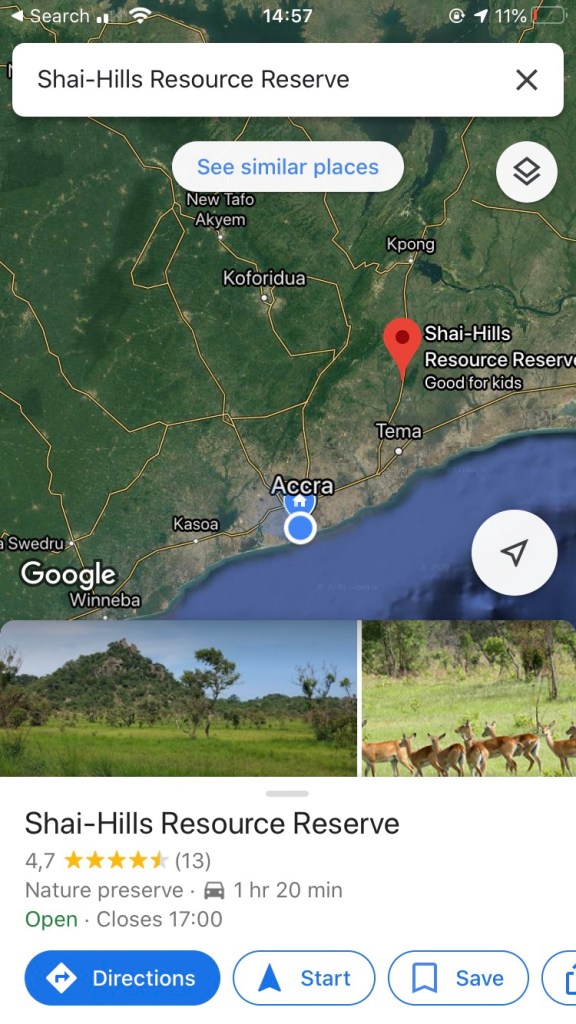 A map showing where the Shai Hills Resource Reserve is in Accra Ghana