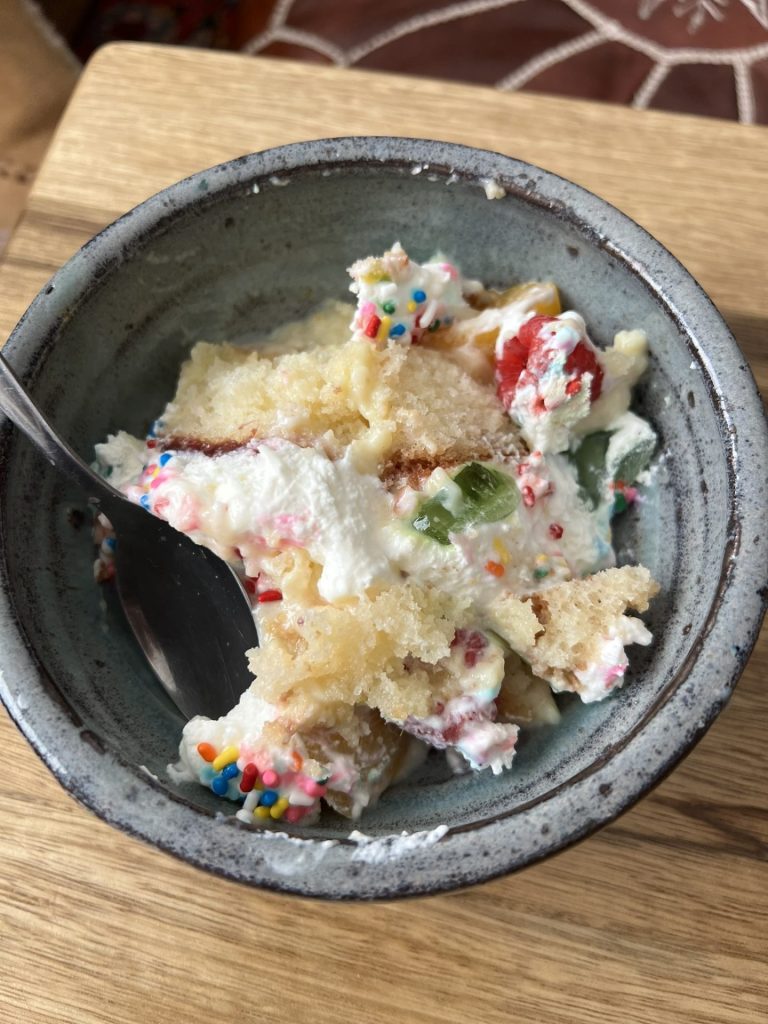 A bowl of homemade trifle for breakfast