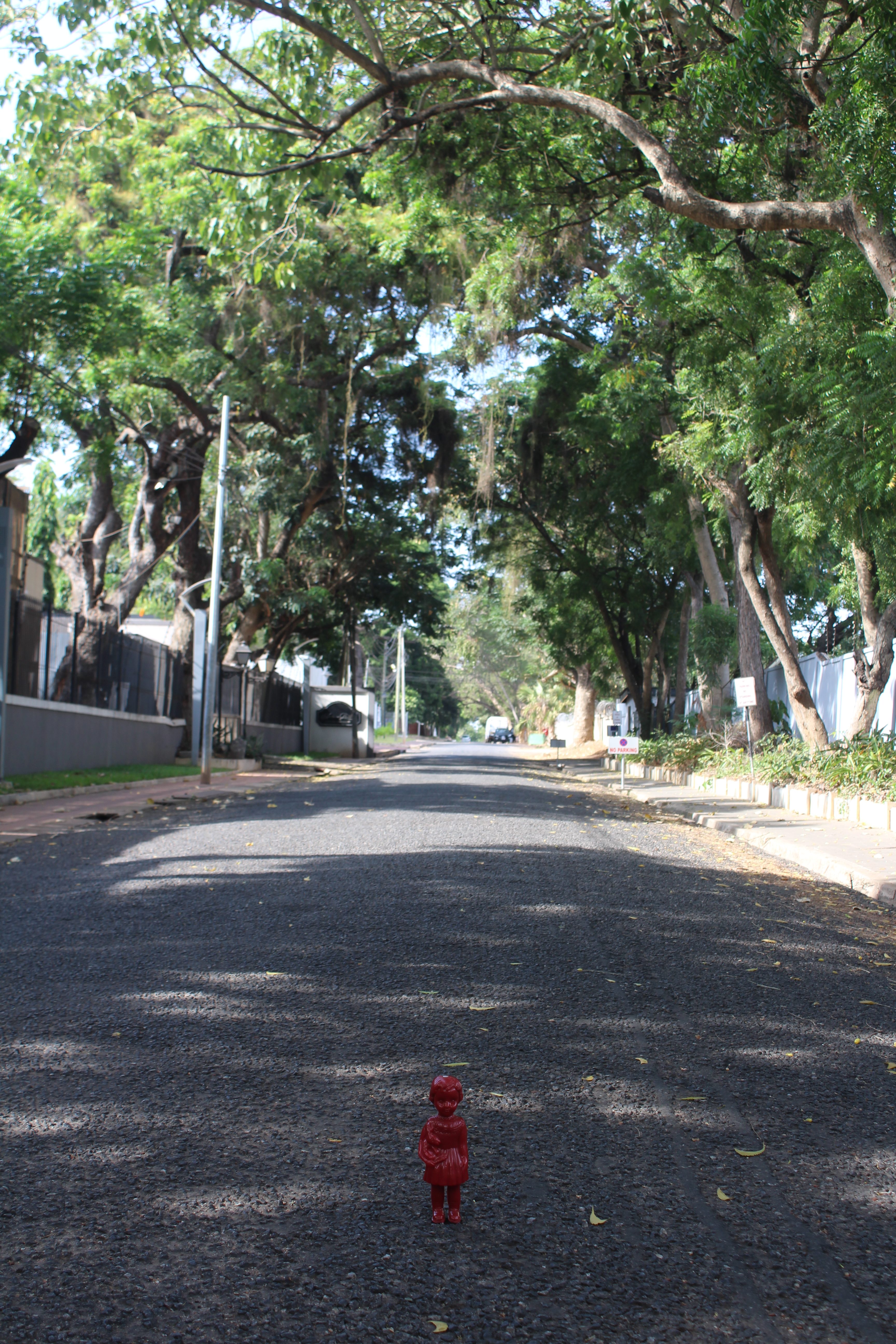 Red Clonette doll stands in a street of Neem trees in Accra Ghana