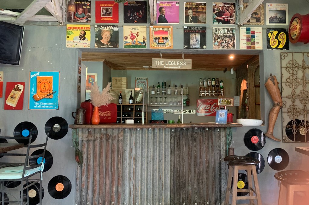 The eclectic Legless bar at Crystal Barn accommodation in the Midlands